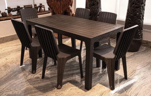 MESA ROBLE CON RATAN 150 X 80 + 6 SILLAS TAVARUA MODELO RATAN REY